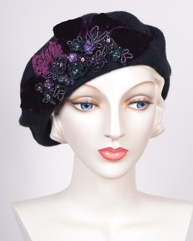 0882BEF Beret, wool felt, black