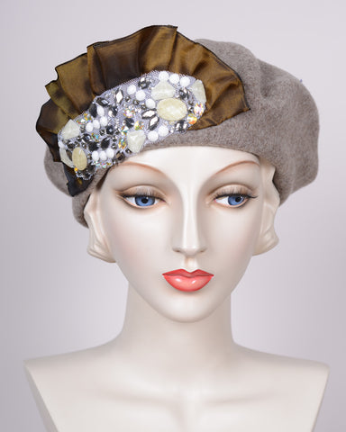0885BEF Beret,  wool felt, camel tweed